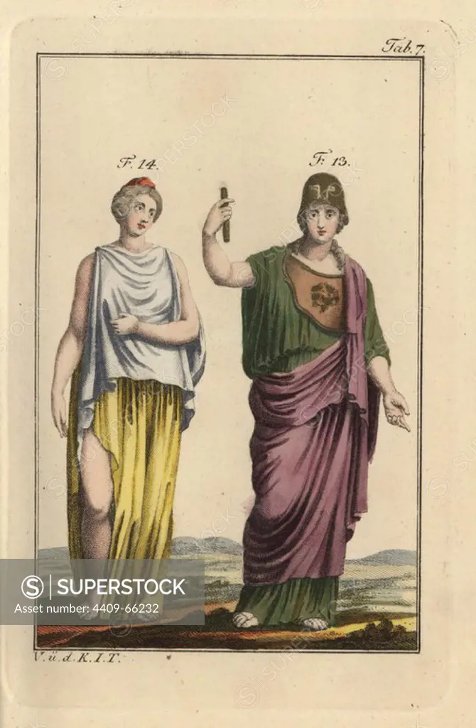 Pallas Athena in undergarments (stolla) and cloak (pallium) and Spartan girl in overdress and open skirt. Handcolored copperplate engraving from Robert von Spalart's "Historical Picture of the Costumes of the Principal People of Antiquity and of the Middle Ages" (1796).