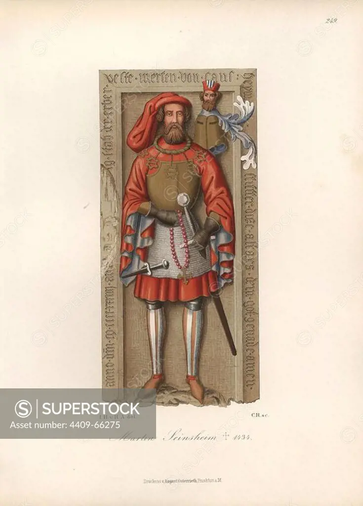 Knight in armour from the 15th century with shield and helmet. Gravestone of Martin Leinsheim, died 1434, a Furspanger, member of the Order of the Buckle founded by Emperor Karl IV in 1355. Chromolithograph from Hefner-Alteneck's "Costumes, Artworks and Appliances from the early Middle Ages to the end of the 18th Century," Frankfurt, 1883. IIlustration drawn by Hefner-Alteneck, lithographed by CR, and published by Heinrich Keller. Dr. Jakob Heinrich von Hefner-Alteneck (1811-1903) was a German archeologist, art historian and illustrator. He was director of the Bavarian National Museum from 1868 until 1886.