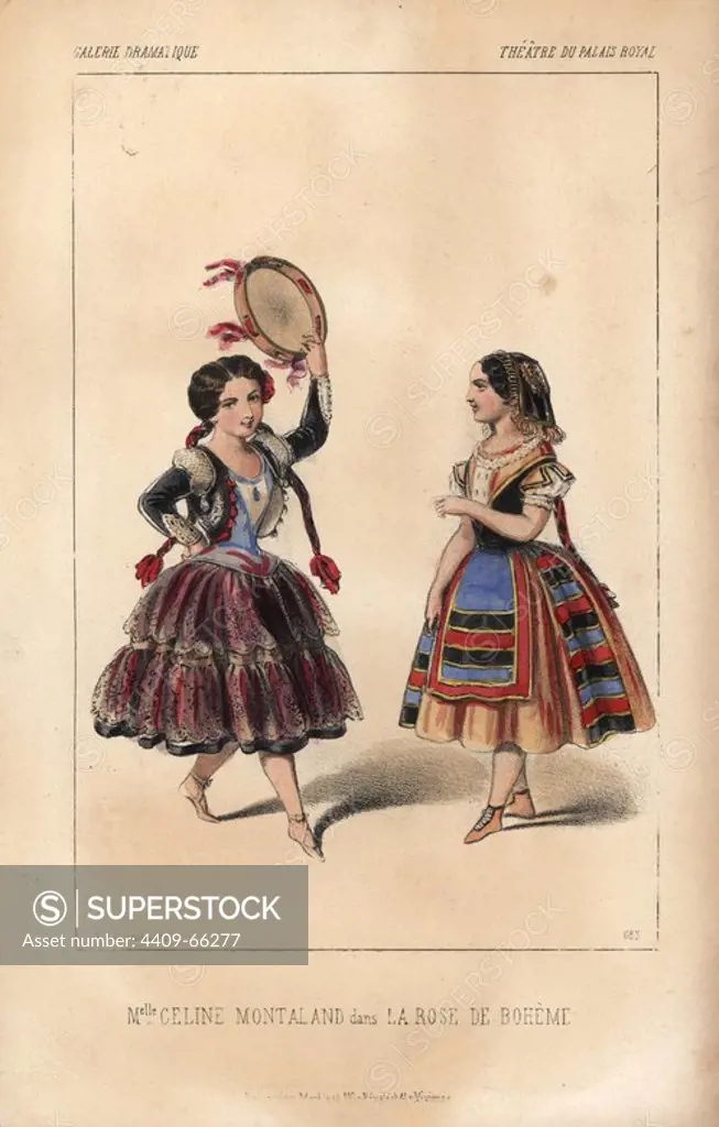 Mlle. Celine Montaland (1843-1891) in "La Rose de Boheme" at the Palais Royal. A child prodigy, she poses in two different costumes as a Spanish dancer with tambourine. She later left the stage for a Russian prince, and in later life became a courtesan. Handcoloured lithograph by Alexandre Lacauchie from "Galerie Dramatique: Costumes des Theatres de Paris" 1853.