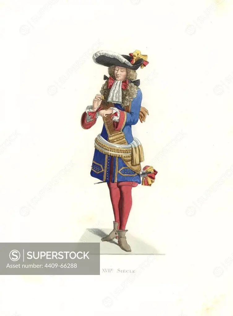 Royal officer, France, 17th century, from a print by Jean de Saint-Jean, 1675. Handcolored illustration by E. Lechevallier-Chevignard, lithographed by A. Didier, L. Flameng, F. Laguillermie, from Georges Duplessis's "Costumes historiques des XVIe, XVIIe et XVIIIe siecles" (Historical costumes of the 16th, 17th and 18th centuries), Paris 1867. The book was a continuation of the series on the costumes of the 12th to 15th centuries published by Camille Bonnard and Paul Mercuri from 1830. Georges Duplessis (1834-1899) was curator of the Prints department at the Bibliotheque nationale. Edmond Lechevallier-Chevignard (1825-1902) was an artist, book illustrator, and interior designer for many public buildings and churches. He was named professor at the National School of Decorative Arts in 1874.