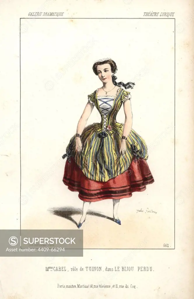Mme. Cabel as Toinon in Adolphe Adam's "Le Bijou Perdu" at the Theatre Lyrique. Marie-Josephe Cabel (1827-1885) was a Belgian soprano opera singer who performed in Paris, England and Belgium until 1877, but died in a mental hospital. Handcoloured lithograph by Alexandre Lacauchie from "Galerie Dramatique: Costumes des Theatres de Paris" 1853.