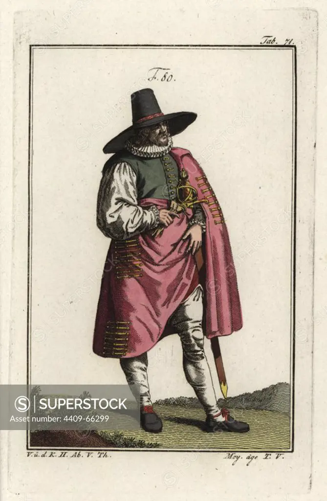 French man of the 16th century. Handcolored copperplate engraving from Robert von Spalart's "Historical Picture of the Costumes of the Principal People of Antiquity and of the Middle Ages," Vienna, 1811. Illustration based on Cesare Vecellio's Habiti Antichi e moderni, Venice, 1590.