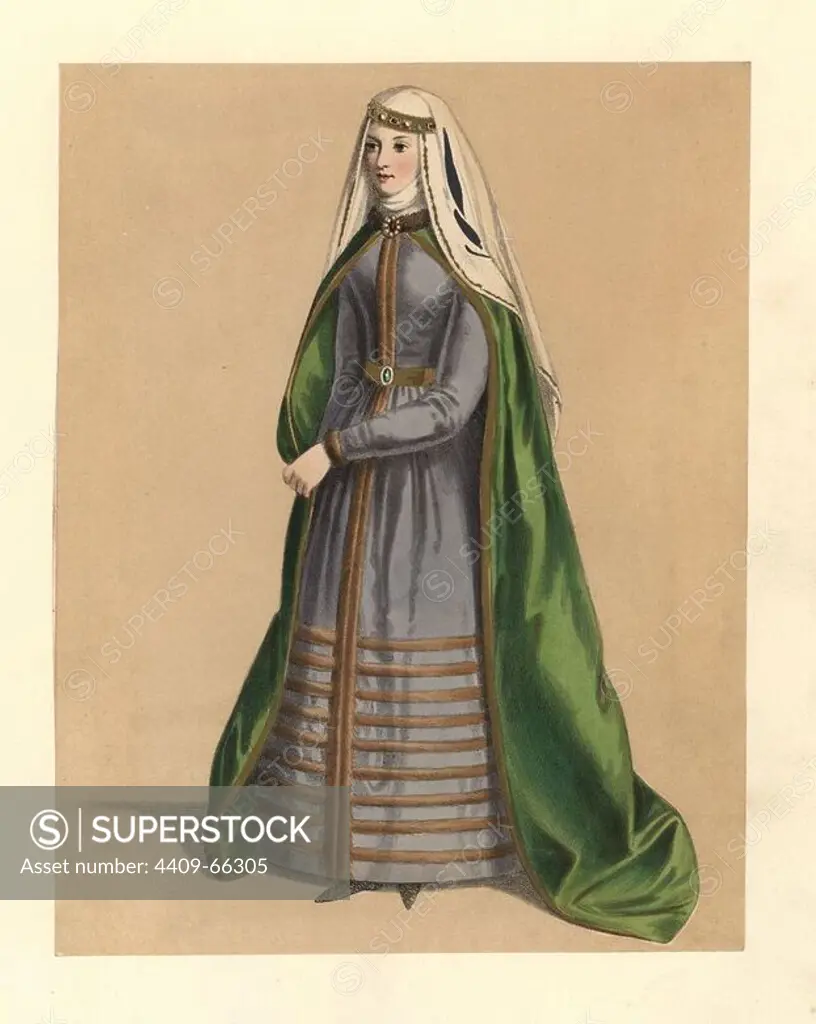 Dress of the reign of King John, 1199~1216. She wears a green mantle fastened at the throat over a grey-blue dress, white embroidered veil with diadem and wimple. Based on an order by the king for a pelisson to be made for the queen, Du Cange, Matthew Paris, Sir Walter Scotts descriptions. Handcoloured lithograph from "Costumes of British Ladies from the Time of William the First to the Reign of Queen Victoria, London, Dickinson & Son, 1840. 48 mounted plates of women's fashion from 1066 to 1840 based on effigies, manuscripts, portraits, prints and literary descriptions.