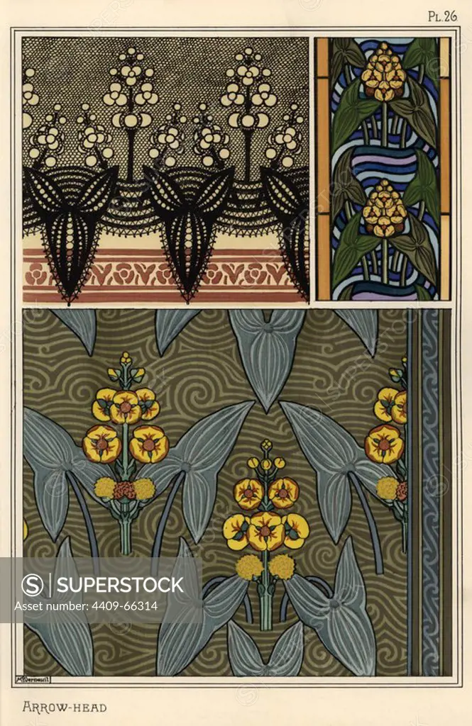 Arrowhead, Sagittaria sagittifolia, as a design motif in embroidery, stained glass and fabric patterns. Lithograph by Verneuil with pochoir (stencil) handcoloring from Eugene Grasset's Plants and their Application to Ornament, Paris, 1897. Grasset (1841-1917) was a Swiss artist whose innovative designs inspired the art nouveau movement at the end of the 19th century.
