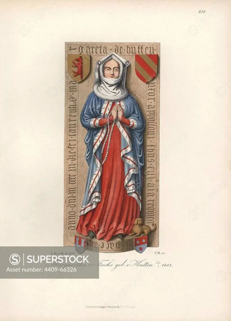 Bridal dress of Margaretha von Fuchs 1403. Chromolithograph from Hefner-Alteneck's "Costumes, Artworks and Appliances from the early Middle Ages to the end of the 18th Century," Frankfurt, 1883. IIlustration drawn by Hefner-Alteneck, lithographed by C. Regnier, and published by Heinrich Keller. Dr. Jakob Heinrich von Hefner-Alteneck (1811-1903) was a German archeologist, art historian and illustrator. He was director of the Bavarian National Museum from 1868 until 1886.