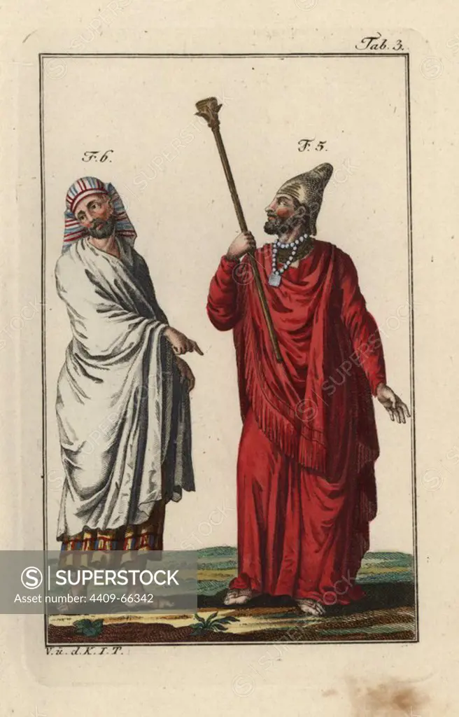 An Egyptian king or pharaoh and an Egyptian man in full dress. Handcolored copperplate engraving from Robert von Spalart's "Historical Picture of the Costumes of the Principal People of Antiquity and of the Middle Ages" (1796).