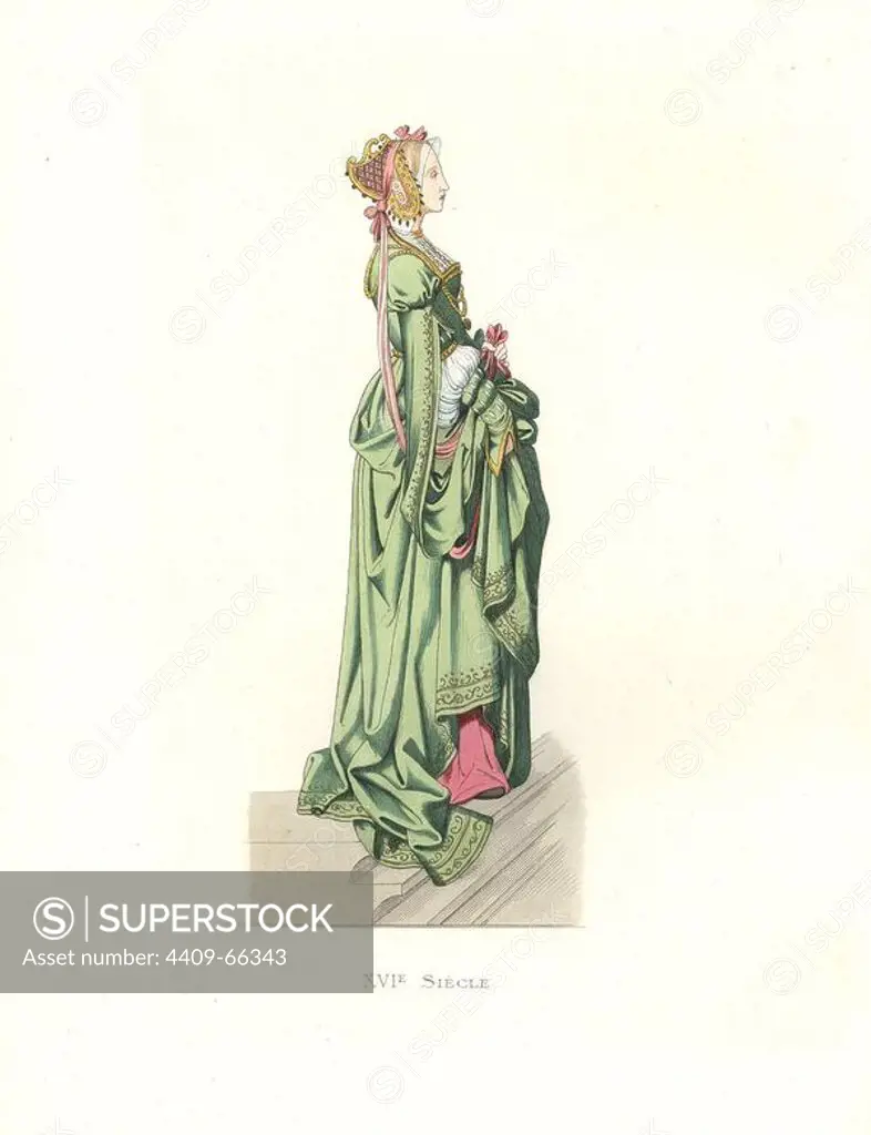 Flemish lady in waiting, 16th century, long green dress with embroidered edges, pink underdress, headdress with pearls and pink ribbons.. Handcolored illustration by E. Lechevallier-Chevignard, lithographed by A. Didier, L. Flameng, F. Laguillermie, from Georges Duplessis's "Costumes historiques des XVIe, XVIIe et XVIIIe siecles" (Historical costumes of the 16th, 17th and 18th centuries), Paris 1867. The book was a continuation of the series on the costumes of the 12th to 15th centuries published by Camille Bonnard and Paul Mercuri from 1830. Georges Duplessis (1834-1899) was curator of the Prints department at the Bibliotheque nationale. Edmond Lechevallier-Chevignard (1825-1902) was an artist, book illustrator, and interior designer for many public buildings and churches. He was named professor at the National School of Decorative Arts in 1874.