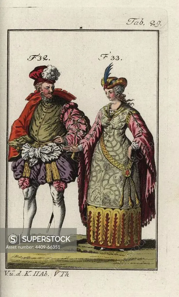 German nobleman 1577 and a countess of Holland and Zeeland 1600. Handcolored copperplate engraving from Robert von Spalart's "Historical Picture of the Costumes of the Principal People of Antiquity and of the Middle Ages," Vienna, 1811. Illustration based on Thomas Jefferys Collection of Dresses of Different Nations, Antient and Modern. After the Designs of Holbein, Van Dyke, Hollar, and others, London, 1757.