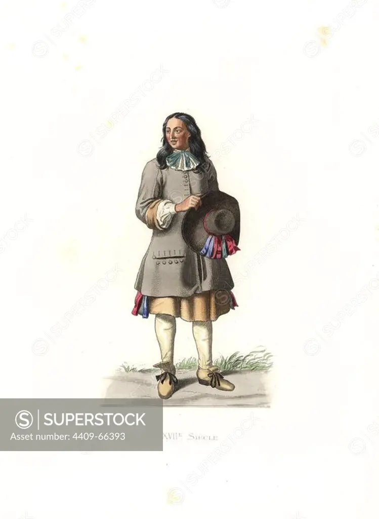 Peasant, France, 17th century, from a 1679 print by Jean de Saint-Jean. Handcolored illustration by E. Lechevallier-Chevignard, lithographed by A. Didier, L. Flameng, F. Laguillermie, from Georges Duplessis's "Costumes historiques des XVIe, XVIIe et XVIIIe siecles" (Historical costumes of the 16th, 17th and 18th centuries), Paris 1867. The book was a continuation of the series on the costumes of the 12th to 15th centuries published by Camille Bonnard and Paul Mercuri from 1830. Georges Duplessis (1834-1899) was curator of the Prints department at the Bibliotheque nationale. Edmond Lechevallier-Chevignard (1825-1902) was an artist, book illustrator, and interior designer for many public buildings and churches. He was named professor at the National School of Decorative Arts in 1874.