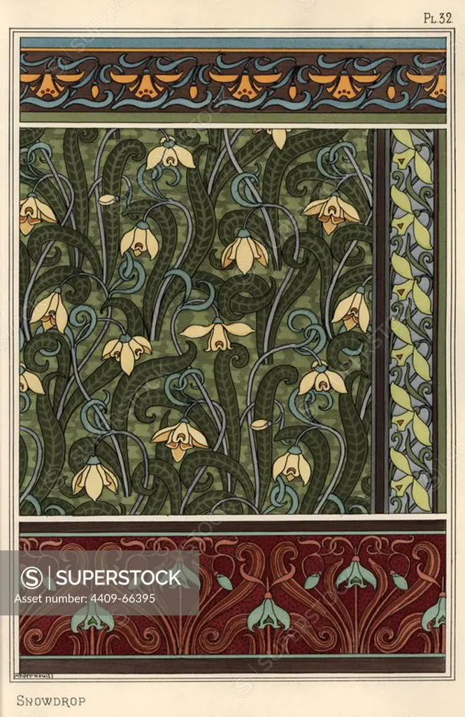 Snowdrop, Galanthus nivalis, as design motif in wallpaper, borders and fabrics. Lithograph by Verneuil with pochoir (stencil) handcoloring from Eugene Grasset's Plants and their Application to Ornament, Paris, 1897. Grasset (1841-1917) was a Swiss artist whose innovative designs inspired the art nouveau movement at the end of the 19th century.