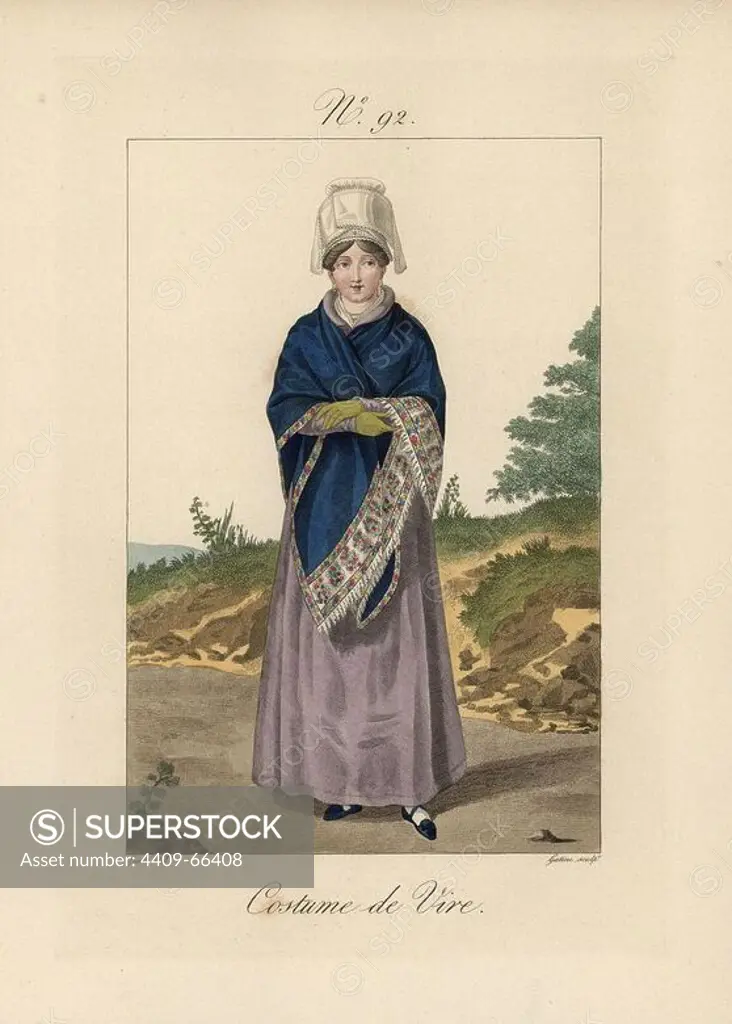 Costume of Vire. The bonnet is a bavolet with short tails, the hair is separated at the front and rolled in curls over the temples, with a short chignon. Hand-colored fashion plate illustration by Lante engraved by Gatine from Louis-Marie Lante's "Costumes des femmes du Pays de Caux," 1827/1885. With their tall Alsation lace hats, the women of Caux and Normandy were famous for the elegance and style.
