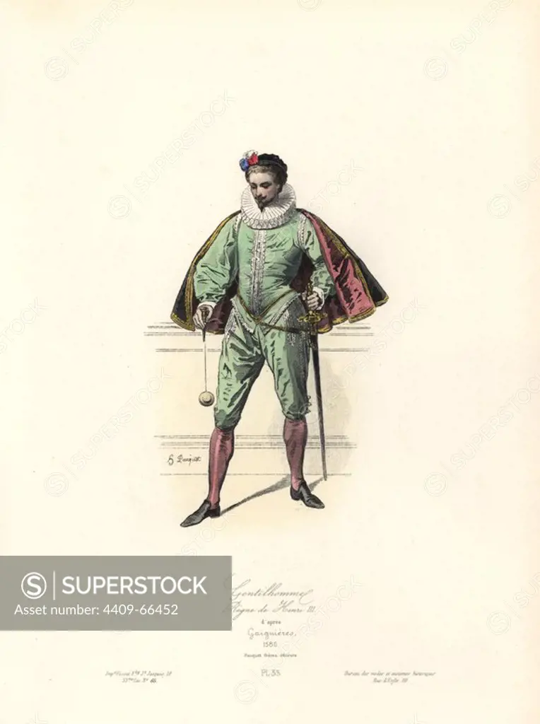 Gentleman, reign of Henri III, 1586. Handcoloured steel engraving by Hippolyte Pauquet after Gaignieres from the Pauquet Brothers' "Modes et Costumes Historiques" (Historical Fashions and Costumes), Paris, 1865. Hippolyte (b. 1797) and Polydor Pauquet (b. 1799) ran a successful publishing house in Paris in the 19th century, specializing in illustrated books on costume, birds, butterflies, anatomy and natural history.