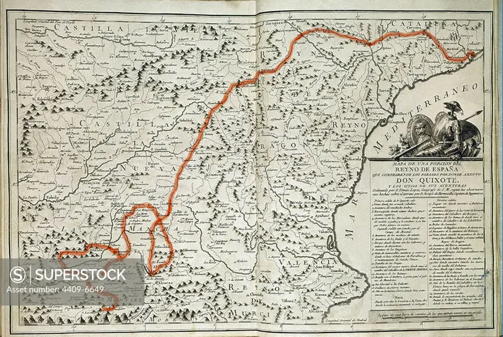 Travelling map of the lanes taken by Don Quixote. 1780. Madrid, National library. Author: LOPEZ TOMAS. Location: BIBLIOTECA NACIONAL-COLECCION. MADRID. SPAIN. DON QUIJOTE.