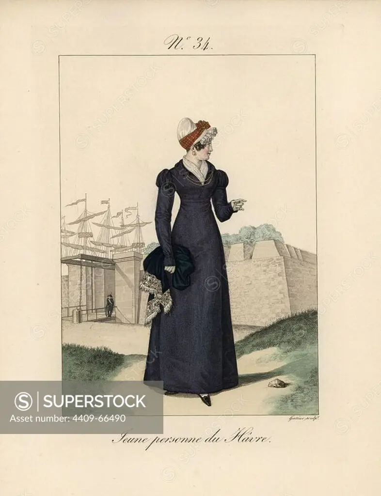 Young woman of the port of le Havre. She wears a bonnet that rises to a point, decorated with lace only to the ears. A silk ribbon is wrapped around it. In the background can be seen the port's fortifications, drawbridge, and the masts and sails of a tall ship. Hand-colored fashion plate illustration by Benoit Pecheux engraved by Gatine from Louis-Marie Lante's "Costumes des femmes du Pays de Caux," 1827/1885. With their tall Alsation lace hats, the women of Caux and Normandy were famous for the elegance and style.