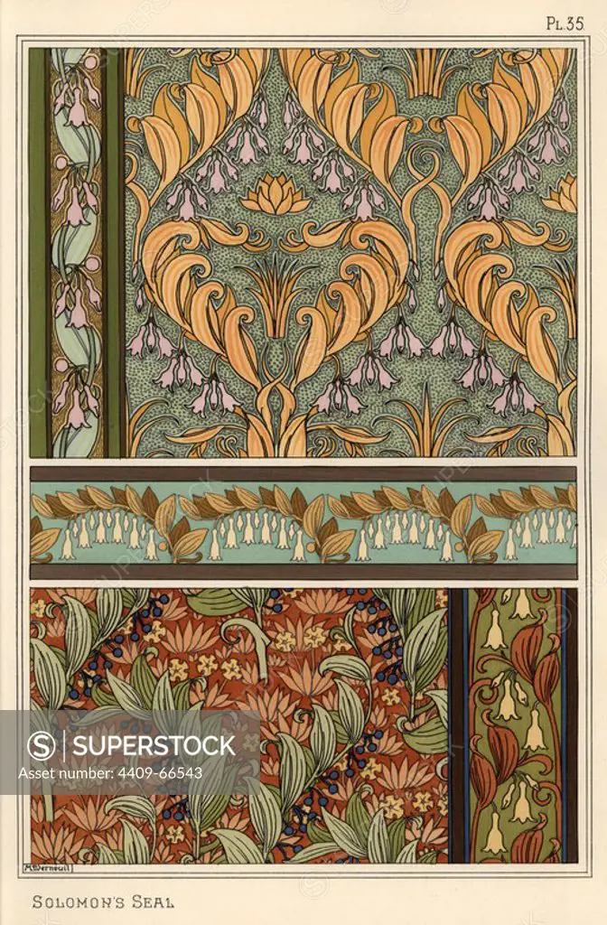 Solomon's seal, Polygonatum multiflorum, as design motif in wallpaper, borders and fabric. Lithograph by Verneuil with pochoir (stencil) handcoloring from Eugene Grasset's Plants and their Application to Ornament, Paris, 1897. Grasset (1841-1917) was a Swiss artist whose innovative designs inspired the art nouveau movement at the end of the 19th century.