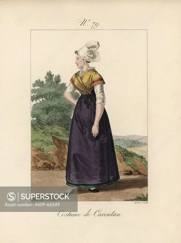 Costume of a servant of Carentan. The only remarkable thing about her clothes is the square ends of the papillon (butterfly) wings of her bonnet. Hand-colored fashion plate illustration by Lante engraved by Gatine from Louis-Marie Lante's "Costumes des femmes du Pays de Caux," 1827/1885. With their tall Alsation lace hats, the women of Caux and Normandy were famous for the elegance and style.