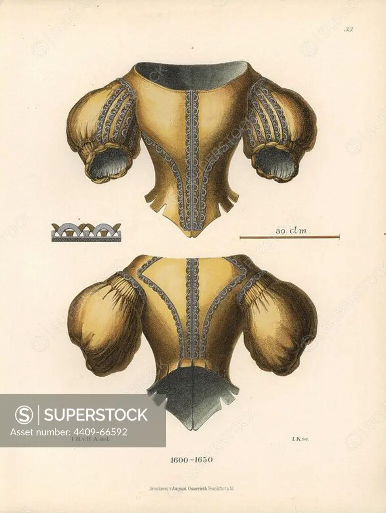Women's silk jacket with puff sleeves embroidered with silver from the early 17th century. Chromolithograph from Hefner-Alteneck's "Costumes, Artworks and Appliances from the Middle Ages to the 17th Century," Frankfurt, 1889. Illustration by Dr. Jakob Heinrich von Hefner-Alteneck, lithographed by Joh. Klipphahn, and published by Heinrich Keller. Dr. Hefner-Alteneck (1811 - 1903) was a German museum curator, archaeologist, art historian, illustrator and etcher.