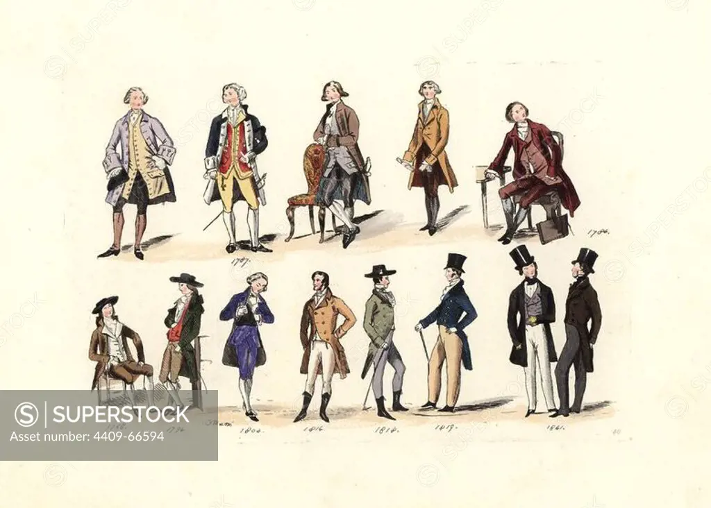 Men's fashion from 1787 to 1841, from various portraits. Handcolored engraving from "Civil Costume of England from the Conquest to the Present Period" drawn by Charles Martin and etched by Leopold Martin, London, Henry Bohn, 1842. The costumes were drawn from tapestries, monumental effigies, illuminated manuscripts and portraits. Charles and Leopold Martin were the sons of the romantic artist and mezzotint engraver John Martin (1789-1854).