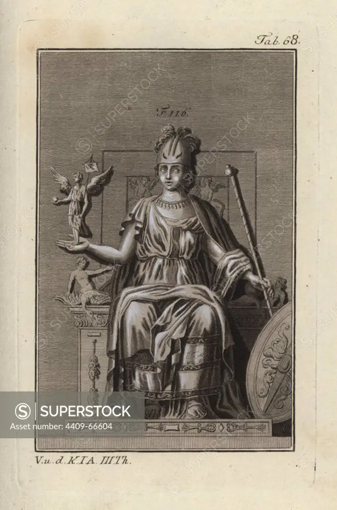 Roma, goddess of the city of Rome, from a monument in the Capitoline Museums, Musei Capitolini. Handcolored copperplate engraving from Robert von Spalart's "Historical Picture of the Costumes of the Principal People of Antiquity and of the Middle Ages" (1798).