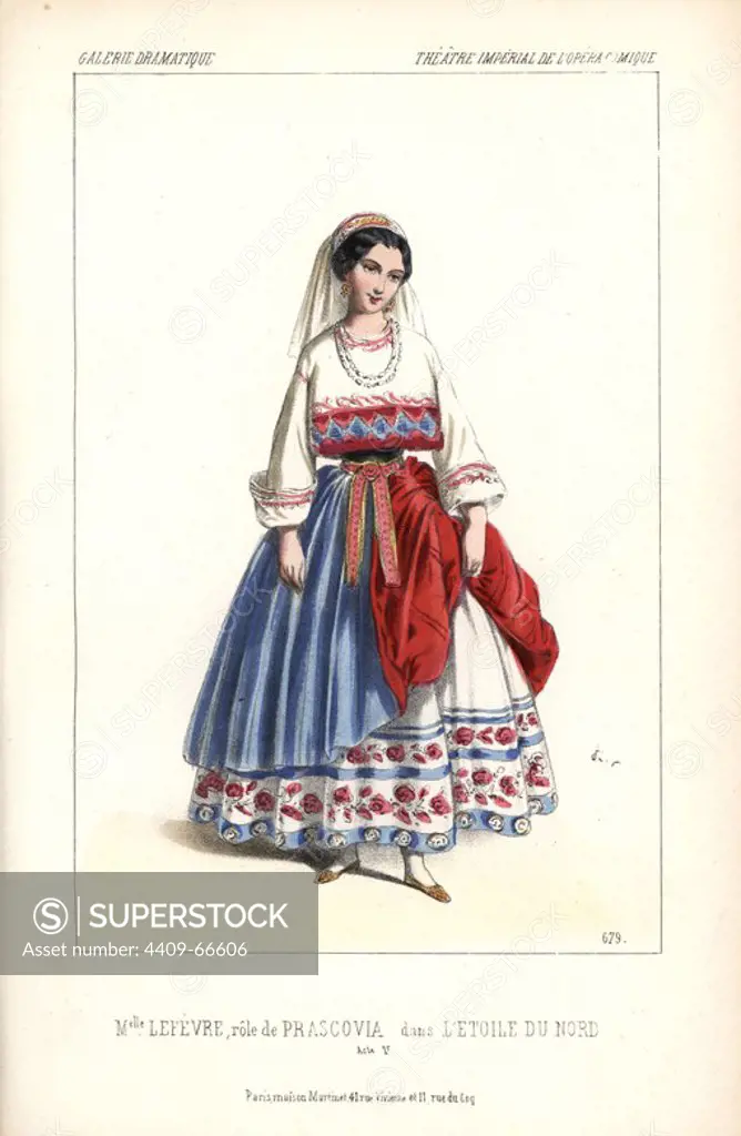 Mlle. Lefevre as Prascovia in "L'Etoile du Nord" at the Opera Comique. Constance-Caroline Lefebvre (1828-1905) was a French actress and singer. Handcoloured lithograph by Alexandre Lacauchie from "Galerie Dramatique: Costumes des Theatres de Paris" 1853.