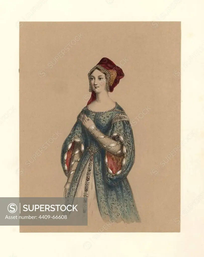 Dress of the reign of King Edward VI, 1547~1553. She wears a velvet hat, round-collared dress decorated with pearls, open puff sleeves, and a jeweled belt. Pedro de Gante, Stow, Hollingshed, and portrait of Elizabeth when princess. Handcoloured lithograph from "Costumes of British Ladies from the Time of William the First to the Reign of Queen Victoria, London, Dickinson & Son, 1840. 48 mounted plates of women's fashion from 1066 to 1840 based on effigies, manuscripts, portraits, prints and literary descriptions.