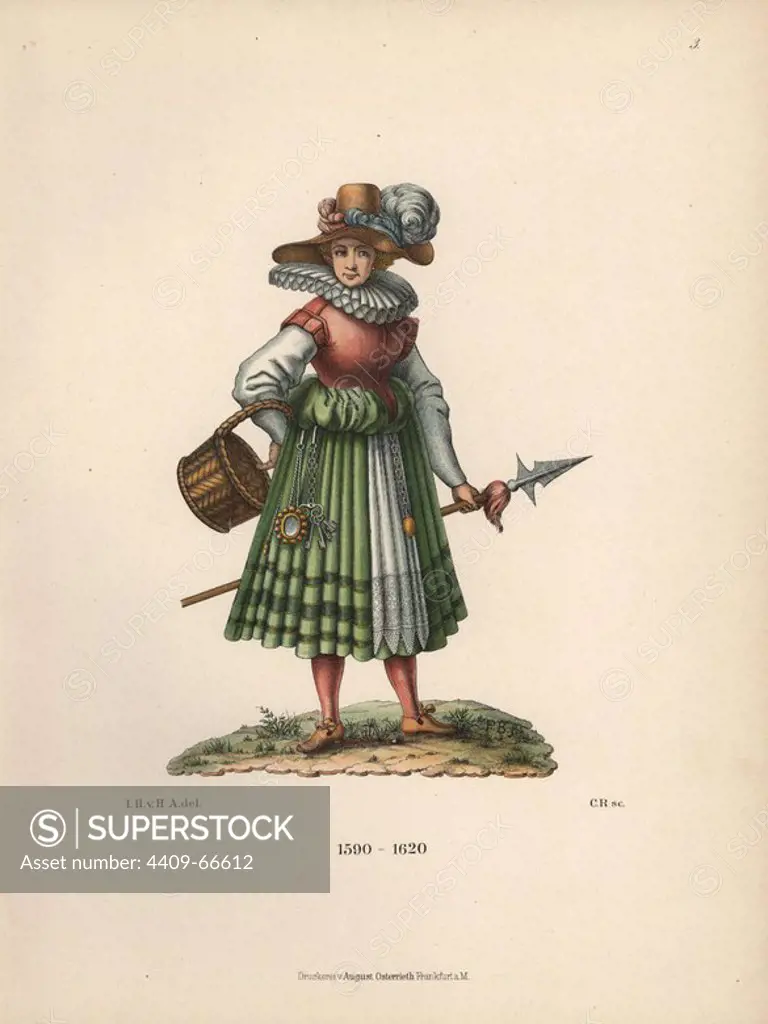 Camp follower from the 17th century, with lance and basket. A mirror and keys hang from her girdle. Chromolithograph from Hefner-Alteneck's "Costumes, Artworks and Appliances from the Middle Ages to the 17th Century," Frankfurt, 1889. Illustration by Dr. Jakob Heinrich von Hefner-Alteneck, after an original by Peter Breughel the Younger, lithographed by CR, and published by Heinrich Keller. Dr. Hefner-Alteneck (1811 - 1903) was a German curator, archaeologist, art historian, illustrator and etcher.