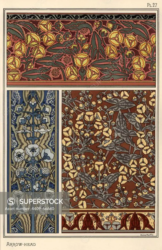 Arrowhead, Sagittaria sagittifolia, as a design motif in wallpaper and fabric patterns. Lithograph by Anna Martin with pochoir (stencil) handcoloring from Eugene Grasset's Plants and their Application to Ornament, Paris, 1897. Grasset (1841-1917) was a Swiss artist whose innovative designs inspired the art nouveau movement at the end of the 19th century.