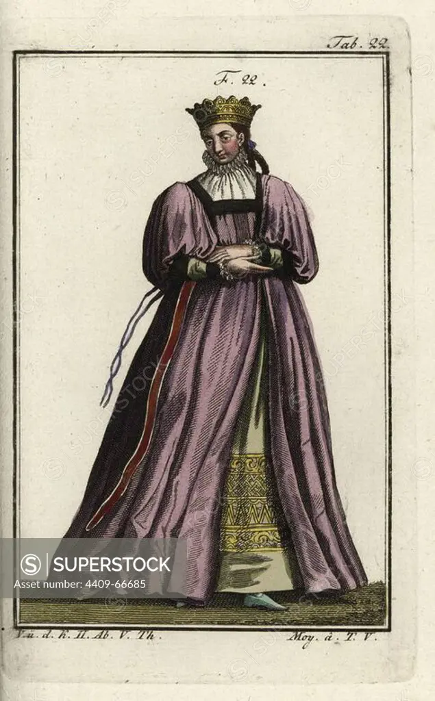 Woman of Silesia, in golden crown and silk dress, 1577. Handcolored copperplate engraving from Robert von Spalart's "Historical Picture of the Costumes of the Principal People of Antiquity and of the Middle Ages," Vienna, 1811. Illustration based on Thomas Jefferys Collection of Dresses of Different Nations, Antient and Modern. After the Designs of Holbein, Van Dyke, Hollar, and others, London, 1757.