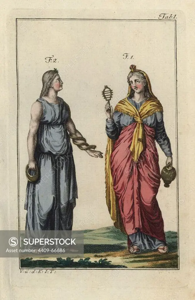 Goddess Isis with sacred sistrum rattle and Egyptian woman with snake bracelet. Handcolored copperplate engraving from Robert von Spalart's "Historical Picture of the Costumes of the Principal People of Antiquity and of the Middle Ages" (1796).