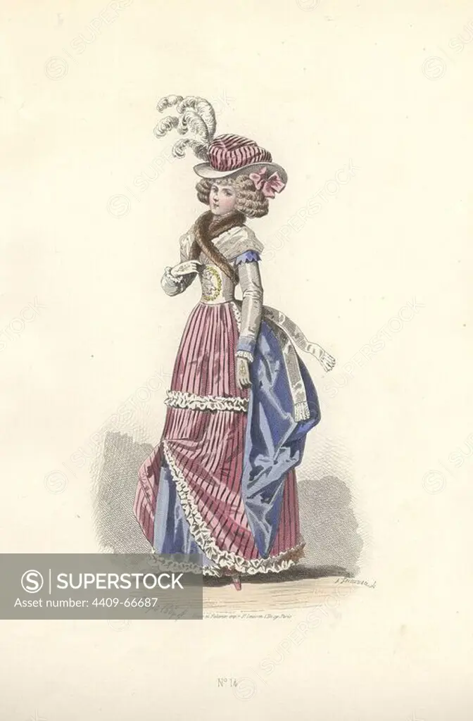 Woman in revolutionary tricolor outfit: red and white striped bonnet and dress, blue sash and blue underskirt.. Francois-Claudius Compte-Calix (1813-1880) was a French painter and illustrator. A regular exhibitor at the Salons, he illustrated numerous books and several romantic books of poetry, and for many years contributed to the fashion magazine "Modes Parisiennes".. Handcolored lithograph of an illustration by Francois-Claudius Compte-Calix from "Les Modes Parisiennes sous le Directoire" (Paris Fashions under the Directory 1795-1799) 1865.