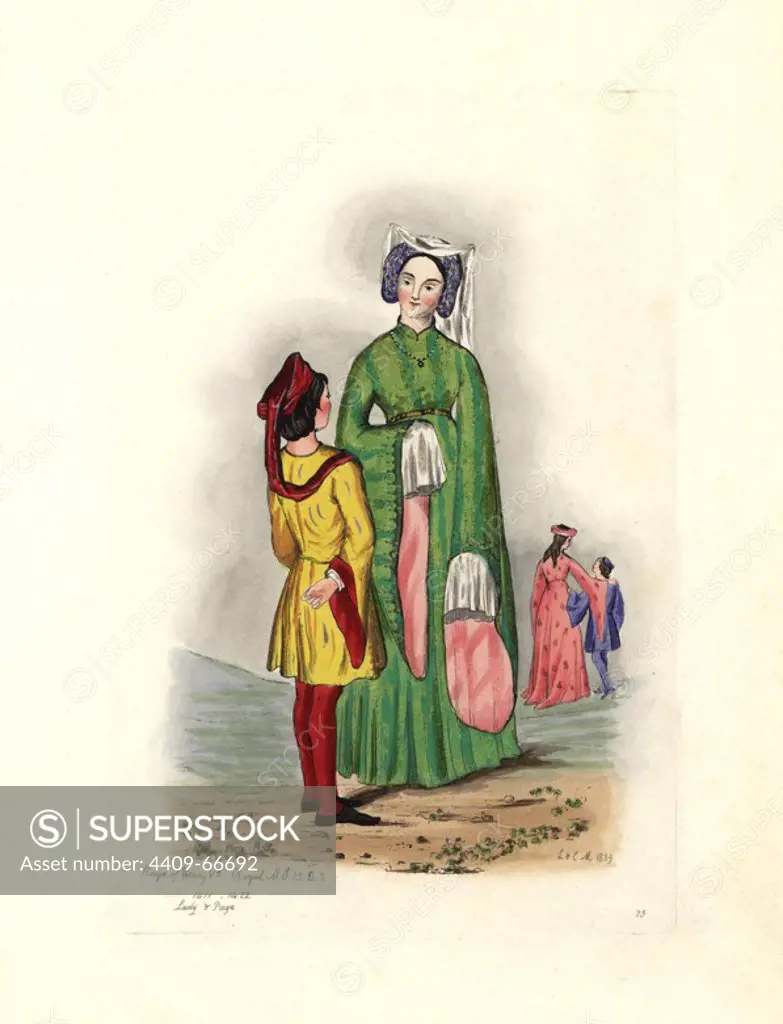 Lady and pageboy of the reign of Henry IV, 1411-1422. Drawn from Royal manuscript 15.D.3. Handcolored engraving from "Civil Costume of England from the Conquest to the Present Period" drawn by Charles Martin and etched by Leopold Martin, London, Henry Bohn, 1842. The costumes were drawn from tapestries, monumental effigies, illuminated manuscripts and portraits. Charles and Leopold Martin were the sons of the romantic artist and mezzotint engraver John Martin (1789-1854).