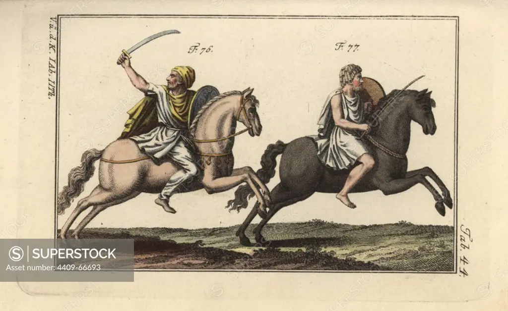 Dacian cavalry with sabre and shield, and Numidian on horseback. Handcolored copperplate engraving from Robert von Spalart's "Historical Picture of the Costumes of the Principal People of Antiquity and of the Middle Ages" (1797).