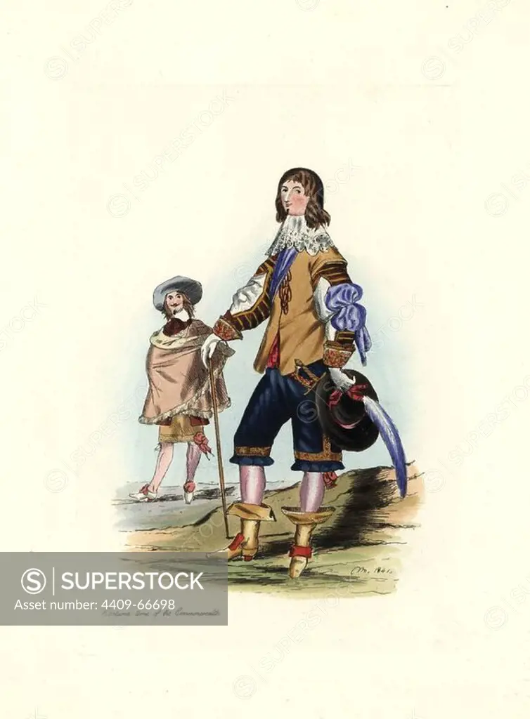 Male costume at the time of the Commonwealth 1659-1660, from a print of the time. He wears a high lace collar, a jacket with slashed sleeves, short breeches, stockings and boots. Handcolored engraving from "Civil Costume of England from the Conquest to the Present Period" drawn by Charles Martin and etched by Leopold Martin, London, Henry Bohn, 1842. The costumes were drawn from tapestries, monumental effigies, illuminated manuscripts and portraits. Charles and Leopold Martin were the sons of the romantic artist and mezzotint engraver John Martin (1789-1854).