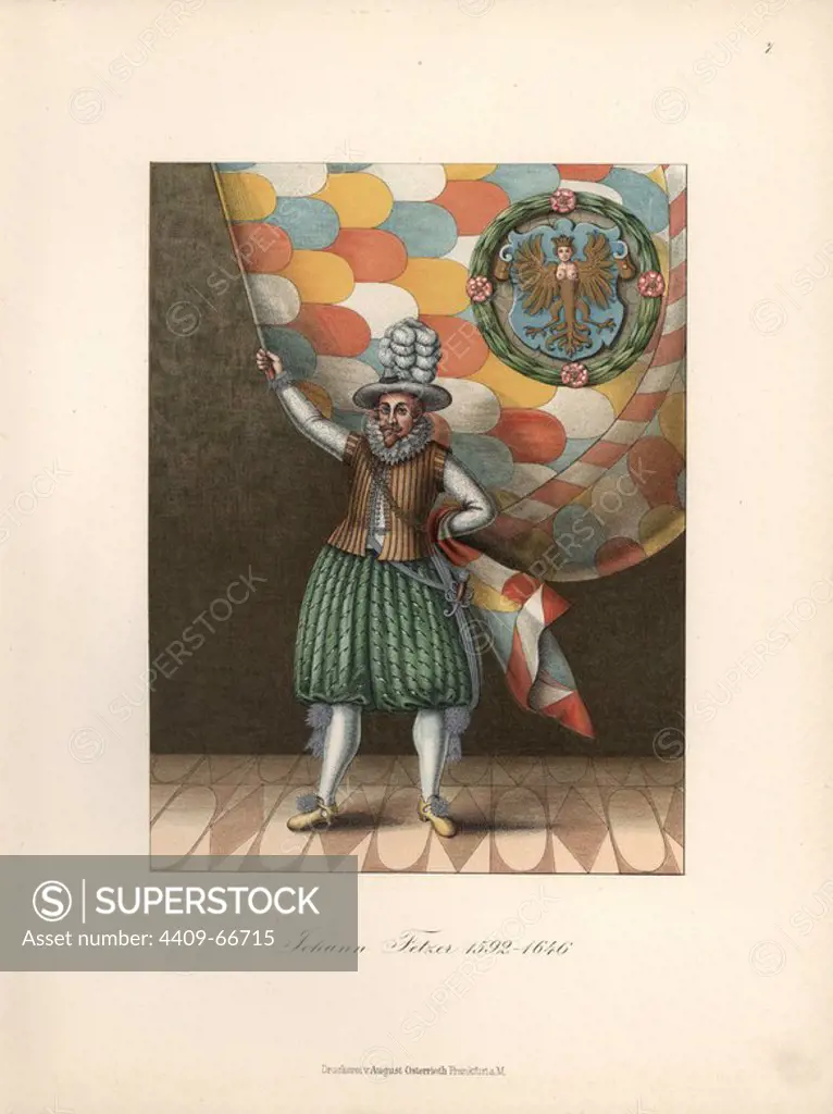 Portrait of Johan Fetzer (1592-1646) with his ensign, a multicolored flag with a coat of arms featuring a bosomy monster. Chromolithograph from Hefner-Alteneck's "Costumes, Artworks and Appliances from the Middle Ages to the 17th Century," Frankfurt, 1889. Illustration by Dr. Jakob Heinrich von Hefner-Alteneck and published by Heinrich Keller. Dr. Hefner-Alteneck (1811 - 1903) was a German curator, archaeologist, art historian, illustrator and etcher.