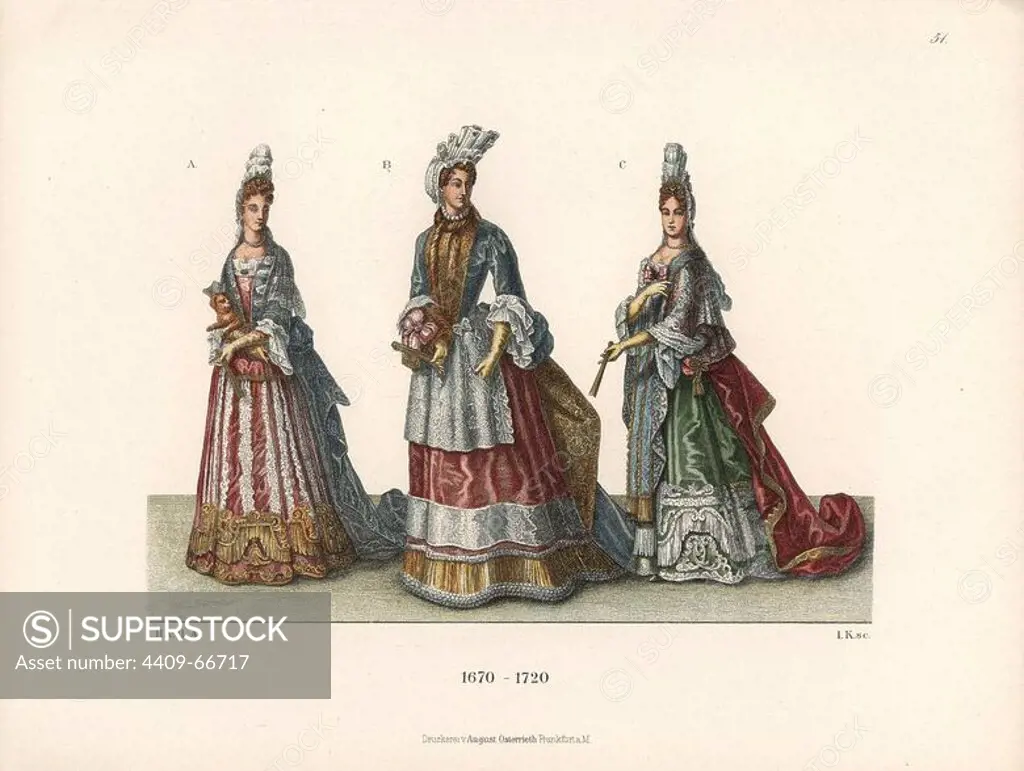 Noblewomen from the late 17th century from prints of the period. Archduchess of Austria, daughter of Leopold I (B), and French courtiers from the court of King Louis XIV. Chromolithograph from Hefner-Alteneck's "Costumes, Artworks and Appliances from the Middle Ages to the 18th Century," Frankfurt, 1889. Illustration by Dr. Jakob Heinrich von Hefner-Alteneck, lithograph by Joh. Klipphahn and published by Heinrich Keller. Dr. Hefner-Alteneck (1811 - 1903) was a German curator, archaeologist, art historian, illustrator and etcher.