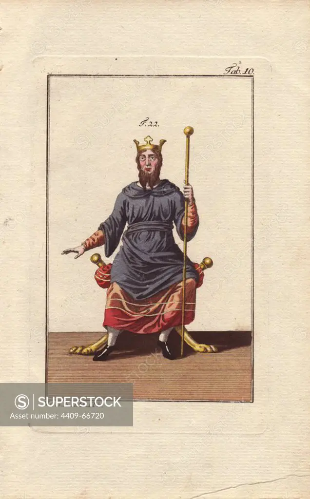Anglo saxon king seated on a throne wearing a long blue tunic over a surtout. He wears a crown and carries a long sceptre (a baton with a ball on the end) in his left hand. Handcolored copperplate engraving from Robert von Spalart's "Historical Picture of the Costumes of the Principal People of Antiquity and of the Middle Ages" (1796).