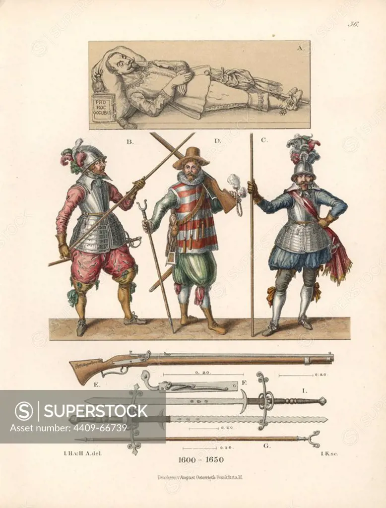 Military equipment and weapons from the 17th century. Lancers and arquebusier in the centre, and Chromolithograph from Hefner-Alteneck's "Costumes, Artworks and Appliances from the Middle Ages to the 17th Century," Frankfurt, 1889. Illustration by Dr. Jakob Heinrich von Hefner-Alteneck, lithographed by Joh. Klipphahn and published by Heinrich Keller. Dr. Hefner-Alteneck (1811 - 1903) was a German curator, archaeologist, art historian, illustrator and etcher.