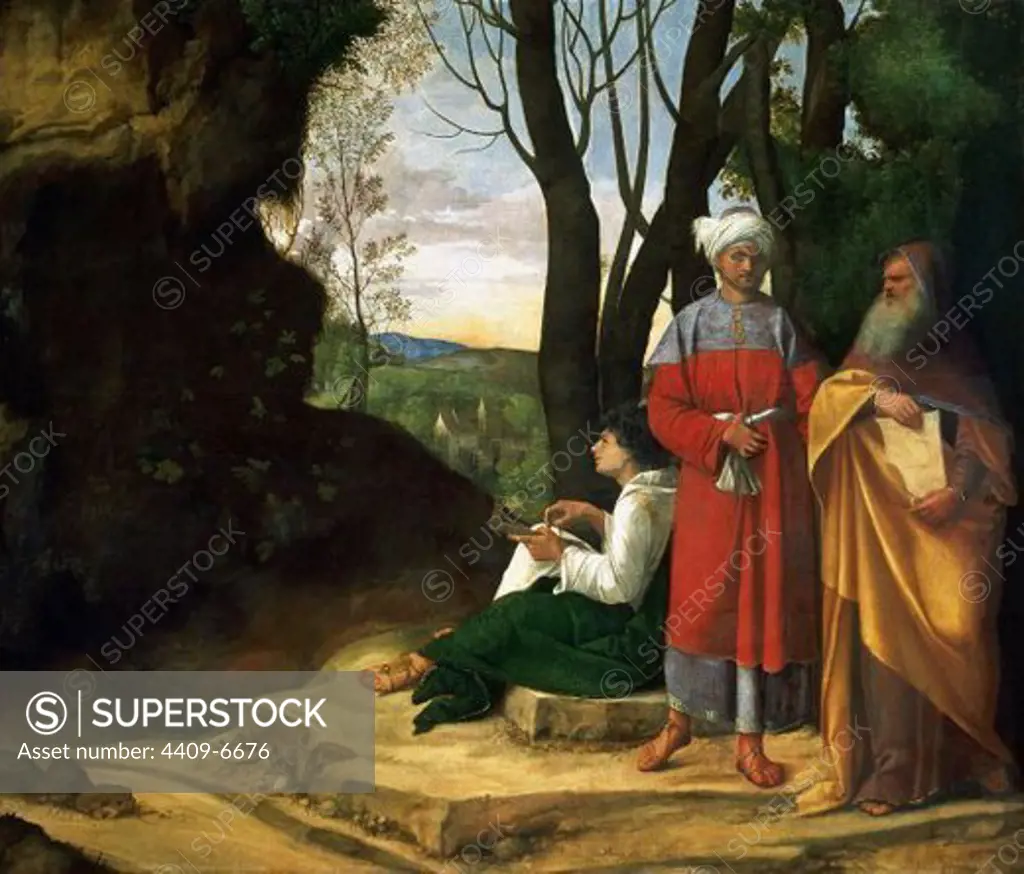 The Three Philosophers - 1509 - oil on canvas - Italian Renaissance. Author: GIORGIONE. Location: KUNSTHISTORISCHES MUSEUM / MUSEO DE BELLAS ARTES, WIEN, AUSTRIA. Also known as: LOS TRES FILOSOFOS.