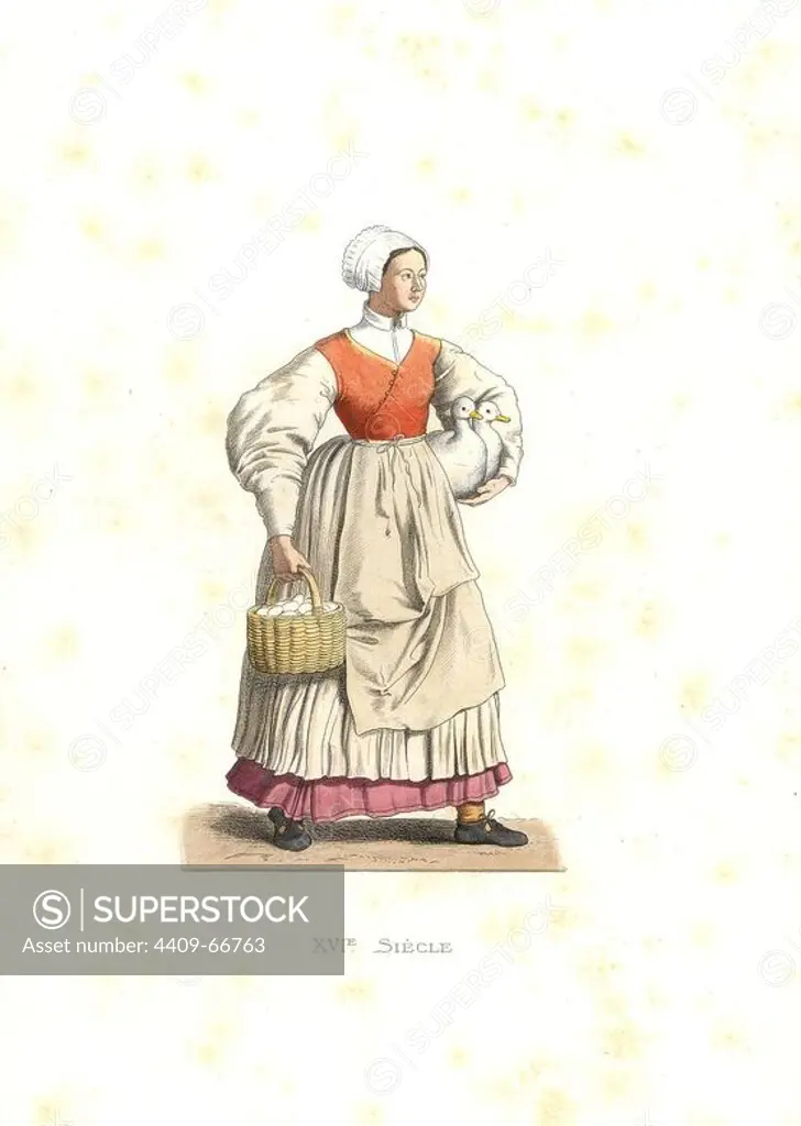 Peasant woman of France, 16th century. Handcolored illustration by E. Lechevallier-Chevignard, lithographed by A. Didier, L. Flameng, F. Laguillermie, from Georges Duplessis's "Costumes historiques des XVIe, XVIIe et XVIIIe siecles" (Historical costumes of the 16th, 17th and 18th centuries), Paris 1867. The book was a continuation of the series on the costumes of the 12th to 15th centuries published by Camille Bonnard and Paul Mercuri from 1830. Georges Duplessis (1834-1899) was curator of the Prints department at the Bibliotheque nationale. Edmond Lechevallier-Chevignard (1825-1902) was an artist, book illustrator, and interior designer for many public buildings and churches. He was named professor at the National School of Decorative Arts in 1874.