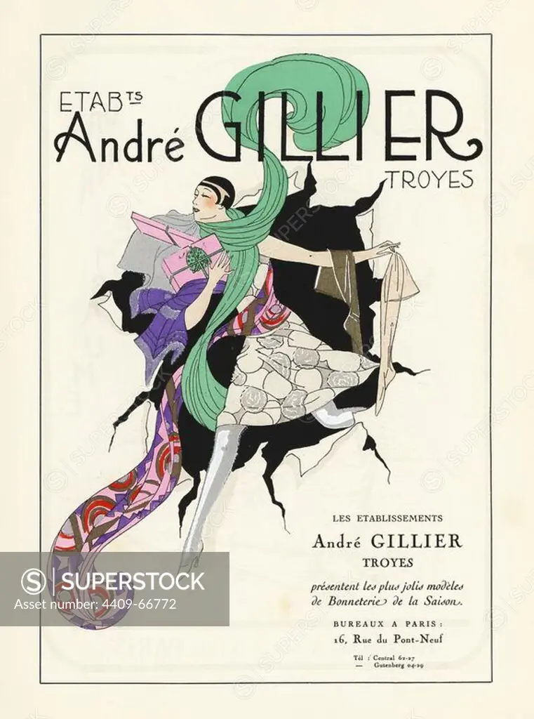 Chic woman bursting through a paper sheet carrying boxes, stockings and scarves. Advertisement for Andre Gillier of Troyes. Lithograph with pochoir (stencil) handcolour from the luxury French fashion magazine "Art, Gout, Beaute," 1926.