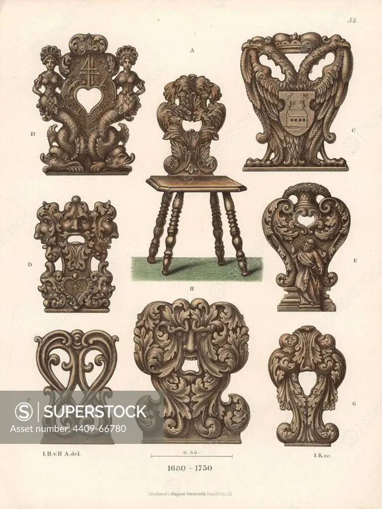 Carved wooden chair and chairbacks from the 17th and 18th centuries. Chromolithograph from Hefner-Alteneck's "Costumes, Artworks and Appliances from the Middle Ages to the 18th Century," Frankfurt, 1889. Illustration by Dr. Jakob Heinrich von Hefner-Alteneck, lithograph by Joh. Klipphahn and published by Heinrich Keller. Dr. Hefner-Alteneck (1811 - 1903) was a German curator, archaeologist, art historian, illustrator and etcher.