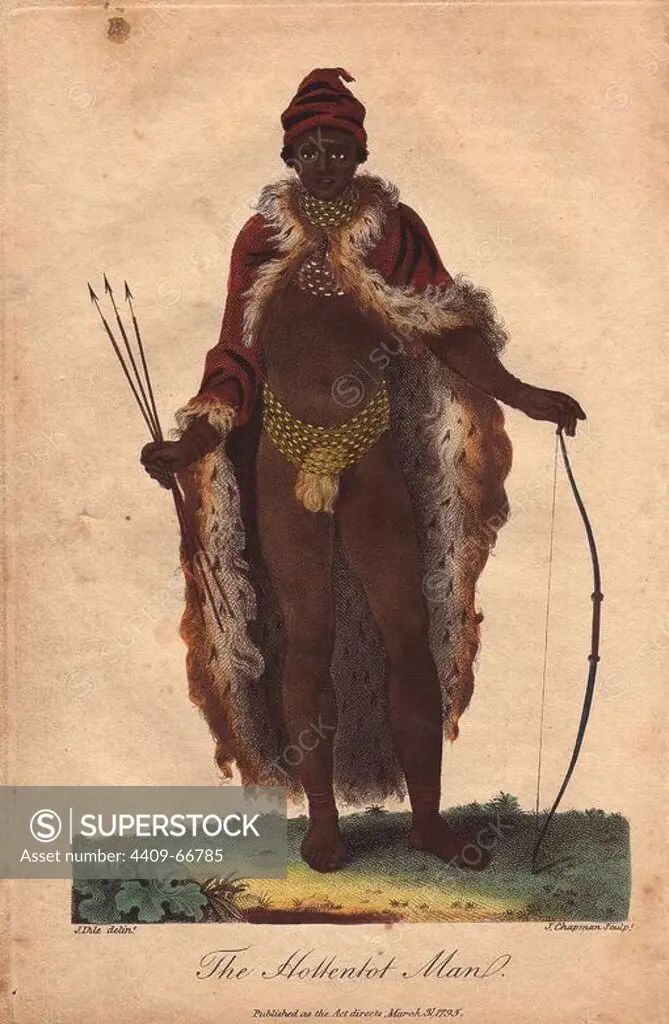 "The Hottentot Man." Khoisan man of South Africa wearing animal skin, beaded necklace and loincloth, carrying a bow and arrow.. Hand-colored copperplate engraving from a drawing by Johann Ihle from Ebenezer Sibly's "Universal System of Natural History" 1794. The prolific Sibly published his Universal System of Natural History in 1794~1796 in five volumes covering the three natural worlds of fauna, flora and geology. The series included illustrations of mythical beasts such as the sukotyro and the mermaid, and depicted sloths sitting on the ground (instead of hanging from trees) and a domesticated female orang utan wearing a bandana. The engravings were by J. Pass, J. Chapman and Barlow copied from original drawings by famous natural history artists George Edwards, Albertus Seba, Maria Sybilla Merian, and Johann Ihle.