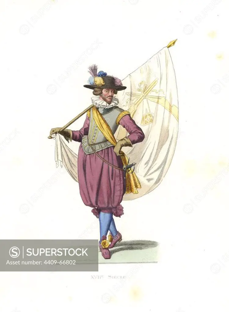 Standard bearer for a company of arquebusiers, 17th century. Handcolored illustration by E. Lechevallier-Chevignard, lithographed by A. Didier, L. Flameng, F. Laguillermie, from Georges Duplessis's "Costumes historiques des XVIe, XVIIe et XVIIIe siecles" (Historical costumes of the 16th, 17th and 18th centuries), Paris 1867. The book was a continuation of the series on the costumes of the 12th to 15th centuries published by Camille Bonnard and Paul Mercuri from 1830. Georges Duplessis (1834-1899) was curator of the Prints department at the Bibliotheque nationale. Edmond Lechevallier-Chevignard (1825-1902) was an artist, book illustrator, and interior designer for many public buildings and churches. He was named professor at the National School of Decorative Arts in 1874.