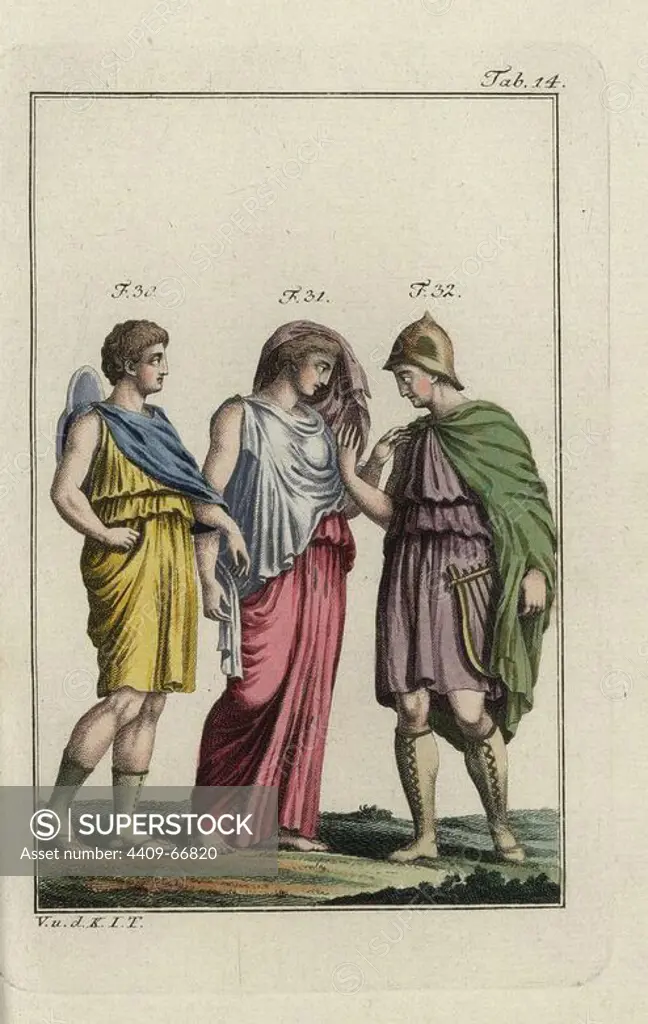 Zethus with lyre, Amphion in Greek shoes, and a Greek woman wearing her mantle draped over her head. Handcolored copperplate engraving from Robert von Spalart's "Historical Picture of the Costumes of the Principal People of Antiquity and of the Middle Ages" (1796).
