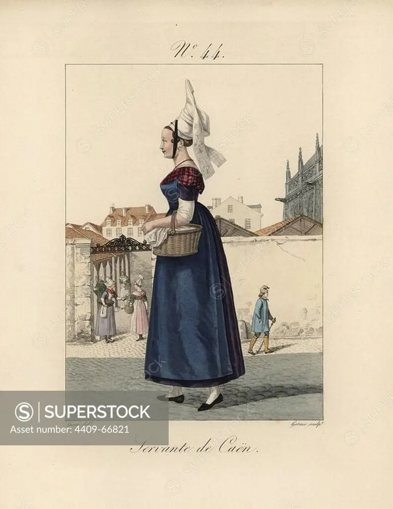 Servant girl in Caen. She wears a tall bavolet bonnet, and carries a basket. In the background can be seen the fish market and part of the church of Saint Pierre. Hand-colored fashion plate illustration by Lante engraved by Gatine from Louis-Marie Lante's "Costumes des femmes du Pays de Caux," 1827/1885. With their tall Alsation lace hats, the women of Caux and Normandy were famous for the elegance and style.