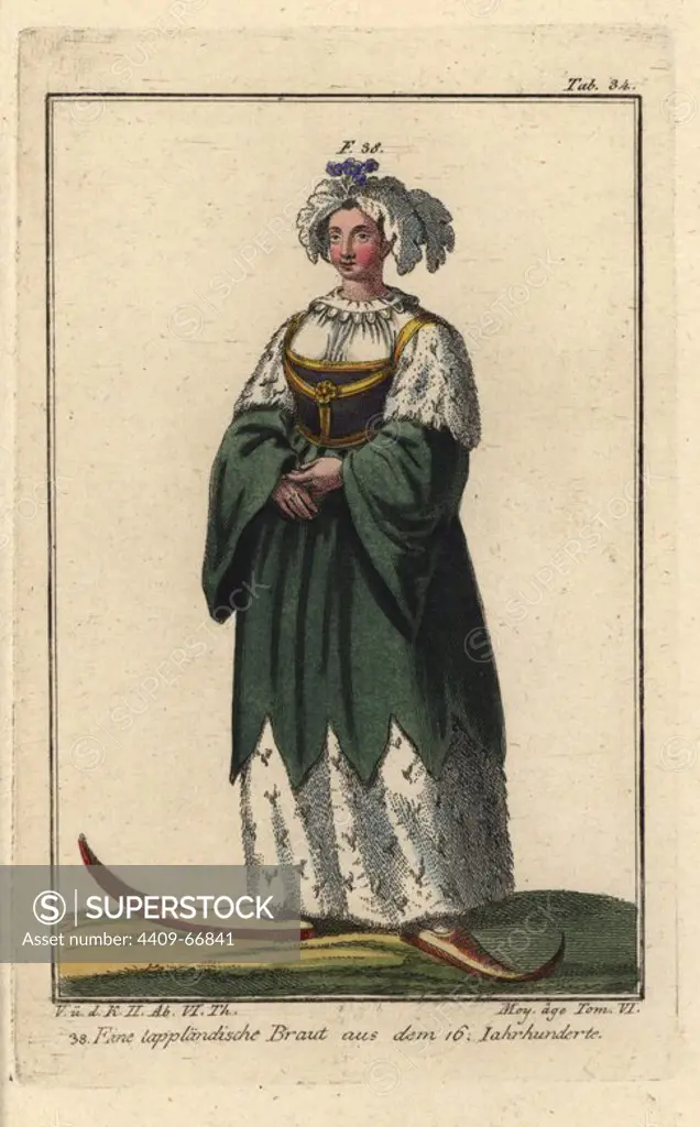 Bride from Lapland wearing a dress of ermine and sable, and a headdress of fur cut to look like feathers. in the 1600s. Handcolored copperplate engraving from Robert von Spalart's "Historical Picture of the Costumes of the Peoples of Antiquity, the Middle Ages and the New Era," written by Leopold Ziegelhauser, Vienna, 1837. Illustration from Cesare Vecellio's Habiti antichi e moderni, Venice, 1590.