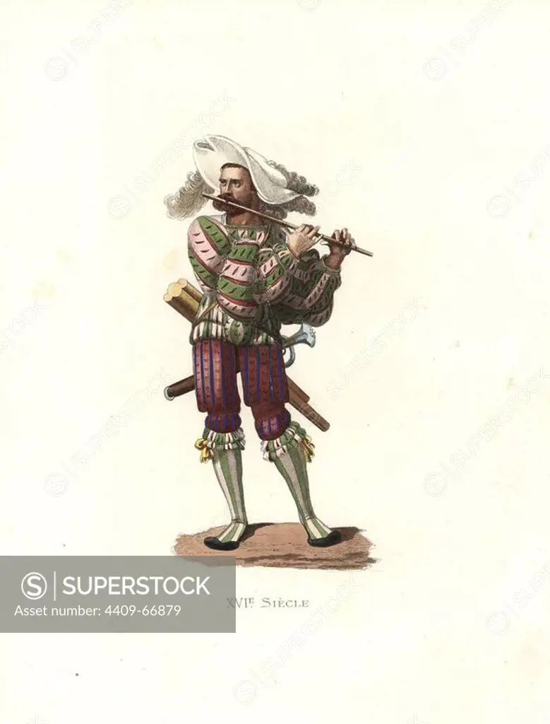 German landsknecht soldier playing a fife, wearing candystriped puff-sleeved tunic, striped breeches, garters and stockings.. Handcolored illustration by E. Lechevallier-Chevignard, lithographed by A. Didier, L. Flameng, F. Laguillermie, from Georges Duplessis's "Costumes historiques des XVIe, XVIIe et XVIIIe siecles" (Historical costumes of the 16th, 17th and 18th centuries), Paris 1867. The book was a continuation of the series on the costumes of the 12th to 15th centuries published by Camille Bonnard and Paul Mercuri from 1830. Georges Duplessis (1834-1899) was curator of the Prints department at the Bibliotheque nationale. Edmond Lechevallier-Chevignard (1825-1902) was an artist, book illustrator, and interior designer for many public buildings and churches. He was named professor at the National School of Decorative Arts in 1874.