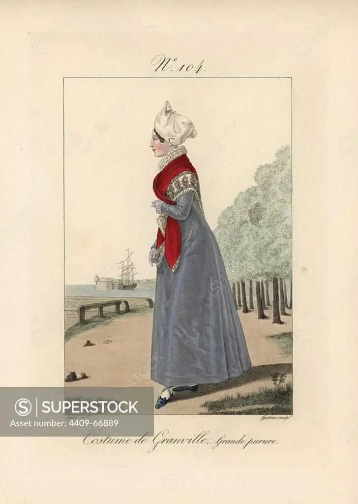 Costume of Granville. A woman in her finery. It is not necessary to visit Granville to see this costume. The women of Granville are enterprising, they travel a lot, but always wear this costume. View of a park with the port in the background. Hand-colored fashion plate illustration by Lante engraved by Gatine from Louis-Marie Lante's "Costumes des femmes du Pays de Caux," 1827/1885. With their tall Alsation lace hats, the women of Caux and Normandy were famous for the elegance and style.