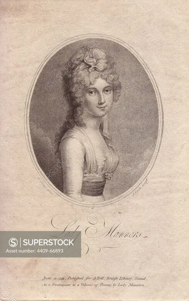 Lady Catherine Rebecca Manners (1766-1852), Irish poet and critic, wife of Lord Huntingtower, Baronet of Hanby Hall.. Portrait by R. Cosway, engraved by F. Conde, from a book of Lady Manners' poems published by John Bell in 1793.