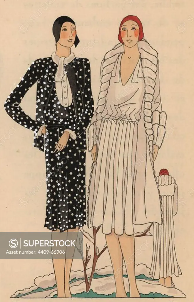 Woman in afternoon ensemble in polka-dot black panne and black cloche hat, and woman in afternoon dress in white crepe satin and fur-lined coat.. Handcolored pochoir (stencil) lithograph from the French luxury fashion magazine "Art, Gout, Beaute" 1928.